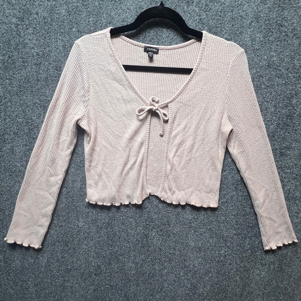 Zunie Girls Pink Ribbed Tie Front Cardigan Lettuce Edge Top Size 14 Wrap Coverup